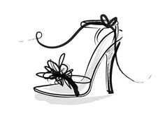 black and white drawing of high heeled shoes with bows