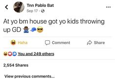 two tweets on twitter with one saying, at yo bm house got to kids throwing up god