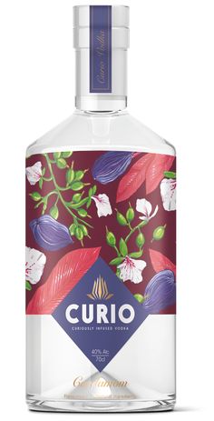 a bottle of curio gin on a white background with purple and red flowers around it