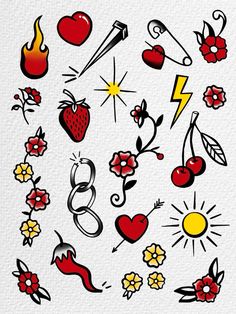 an assortment of tattoo designs on paper with watermarks and ink spots, including hearts, flowers, lightning bolt, sunburst