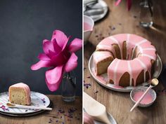 two pictures one with a bundt cake and the other with a pink flower