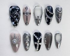 Punkrock Princess Press on Nails /goth Nails/grunge Nails/y2k Nails/cross Nails /alt Nails / Black and Silver Nails/chrome Nails/punk Nails - Etsy Black Nails Metallic, Gothic Nail Art Dark Short, Gothic Birthday Nails, Silver Cross Nails, Cross Nails Short, Short Almond Nails Halloween, Emo Nail Designs, Almond Nails Halloween, Short Gothic Nails