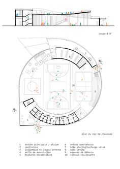 the floor plan for an indoor basketball court, with seating areas in different colors and sizes