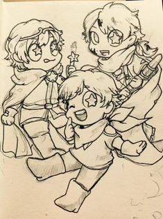 a drawing of three kids playing with each other