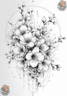 a black and white drawing of flowers