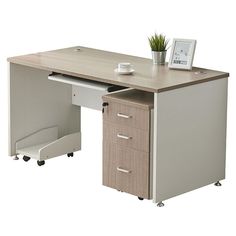 an office desk with two drawers and a clock on top