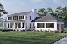 this is an artist's rendering of a house in the country style with white siding and black shutters