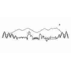 a black and white drawing of mountains with trees