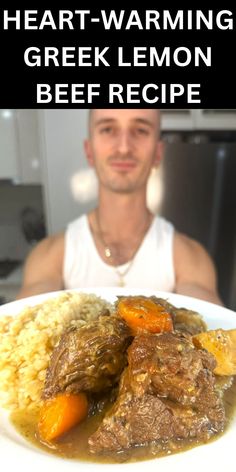 a man sitting in front of a plate of food with meat and vegetables on it