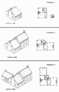 four different types of houses with floor plans and elevations for each house in the same area