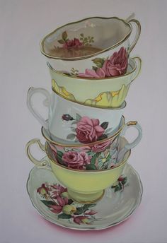 a painting of tea cups and saucers with pink roses on the bottom one is yellow