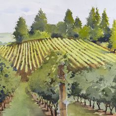 a painting of a vineyard with rows of trees in the foreground