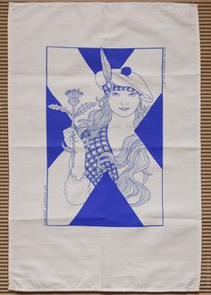 a blue and white paper bag with a drawing of a woman holding a flower in her right hand