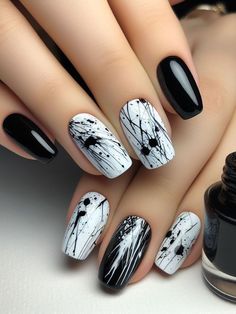 Black Minimalist Nails, Gel Nails Black And White, Rip Nails, Black And White Nail, Splatter Nails, Black And White Nail Designs, Black And White Nail Art, Mens Nails, Hello Nails