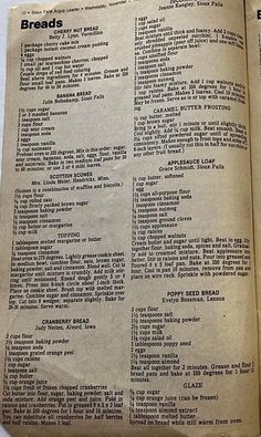 an old recipe book is open to show the ingredients for breads and other baked goods