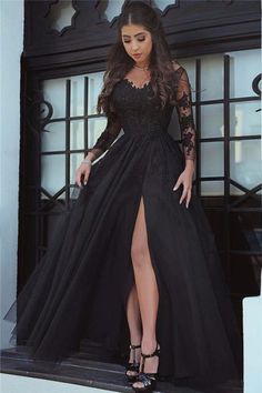 Bridelily Glamorous Black Long-Sleeve Lace Slit Evening Dress - Prom Dresses Black Homecoming Dress Long Plus Size, A Line Formal Dress Black, Evening Dresses Prom Black, Black Prom Dress Woth Sleeves, Black Wedding Dress Lightinthebox, Black Bridaid Dresses For A December Wedding, Black Formal Dress Long Lace, Black Prom Dresses 2020, Black Dresses For Teens Long