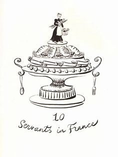 a drawing of a woman standing on top of a fancy cake plate with the words servants in france written below it