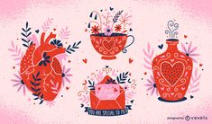 three red vases with hearts and flowers in them on a pink background, surrounded by greenery