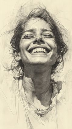 a drawing of a smiling girl with her hair blowing in the wind and eyes closed