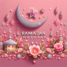 the ramadan mubarak greeting card is decorated with pink flowers, stars and lanterns