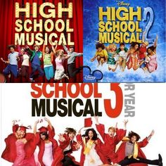 the movie high school musical is shown in three different colors and font styles, including red