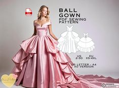 a woman in a ball gown is standing next to a dress with ruffles on it