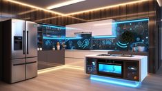 a modern kitchen with white and blue lights on the walls, counter tops and appliances