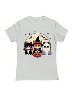 COMFY & COOL: Nearly There offers graphic shirts made of materials that are durable, comfortable, and easy to care for. Whether you're looking for a funny, inspirational, or pop-culture-inspired graphic shirt, we've got you covered.Nearly There Meow Or Treat Graphic Ladies Cotton T-Shirt Grey Casual  Short Sleeve  Animal,Cartoon,Geometric,Halloween    Women Clothing, size features are:Bust: ,Length: ,Sleeve Length: Geometric Halloween, Animal Cartoon, Graphic Shirt, Halloween Women, Maternity Bag, Graphic Shirts, Cotton T Shirt, All Fashion, Women Clothing