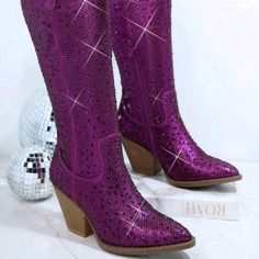 Womens Purple Dazzling Rhinestone Knee-Hi Western Cowboy Boots Slip-On Upper Material: Fabric Insole Material: Pu Leather Lining Material: Fabric Outsole Material: Tpr Western Cowboy Boots, Western Cowboy, Shoes Heels Boots, Color Purple, Cowboy Boots, Shoes Women Heels, Heeled Boots, Pu Leather, Cowboy