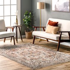 a living room with two chairs and a rug