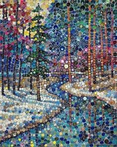 a painting made out of bottle caps with trees in the background