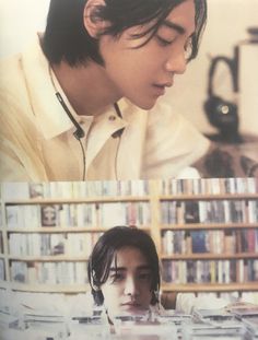 two images of the same man and woman in front of bookshelves