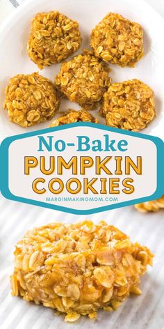 no - bake pumpkin cookies on a white plate with the title in blue overlay