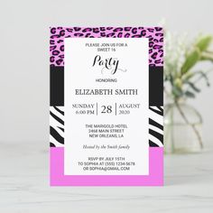 a pink and black leopard print birthday party card with the word's name on it