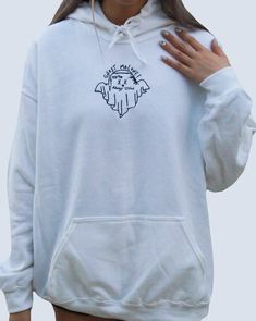 ✰Embroidered✰UNISEX✰Hand drawn and designed✰50% cotton, 50% polyester✰Super soft and comfy!✰Model is 5'5 and wearing Size L in a White Hoodie with Black thread.