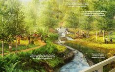 an artist's rendering of a river running through a lush green forest filled with people