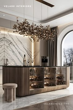 A luxurious modern kitchen with dark cabinets, marble backsplash, unique lighting fixtures, and a curved kitchen island. Luxury Open Kitchen, Luxurious Kitchens, Kitchen Projects Design, Unique Kitchen Design, Luxxu Modern Design Living, Lamps Floor, Luxury Living Room Design, Elegant Kitchens, Luxury Kitchen Design