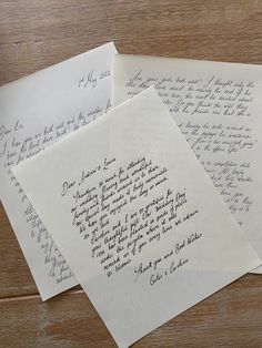 three handwritten letters sitting on top of each other next to an envelope with writing