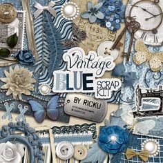 blue scrap kit with buttons, scissors and other items