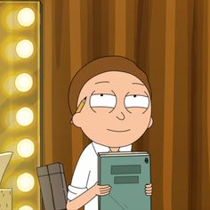 a cartoon character holding a book in front of a mirror with lights on the wall behind him