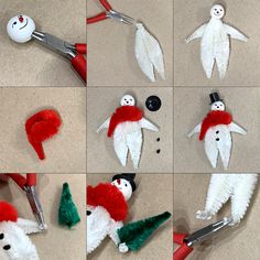 there are many different pictures of snowmen made out of felt and scissors, including one with a santa hat on it