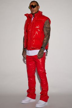 Available In Red. High Neck Full Front Zipper Side Hand Pockets Toggle Adjustment Shell: 100% Nylon Lining: 100% Polyester Imported | Mens Caleb Puffer Vest in Red size Medium by Fashion Nova Outfit With Vest, Red Leather Pants, Red And Black Outfits, Black Outfit Men, Red Puffer Vest, Mens Leather Pants, Puff Jacket, Red High, Puffer Vest