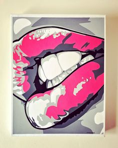 a painting of a pink lips on a gray background