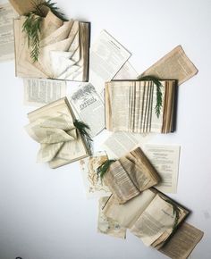 an assortment of old books are arranged on top of each other, with greenery sticking out of them