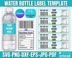 water bottle label template with barcodes on the front, and an image of a blue