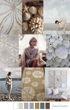 a collage of different pictures with white and gray colors, including flowers, shells, seashells