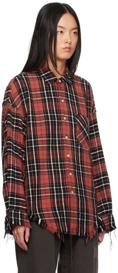 Cotton flannel shirt. Check pattern throughout. · Spread collar · Button closure · Patch pocket · Fringed detailing at hem and cuffs · Shirttail hem · Single-button barrel cuffs Supplier color: Red/Black plaid Boxy Shirt, Red And Black Plaid, Check Shirt, Black Plaid, Check Pattern, Cotton Flannel, Flannel Shirt, Luxury Streetwear, Designer Fashion