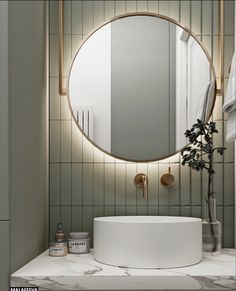 a bathroom sink with a round mirror above it and a plant on the counter top