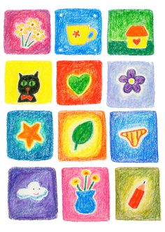 colored crayon pictures with flowers, cats and other things in them on white paper