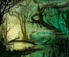 a painting of a swampy area with trees and moss growing on the water's edge